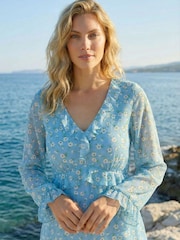 Roman Blue Ditsy Floral Print Frilled Top - Image 3 of 4