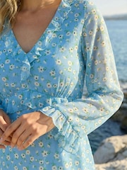 Roman Blue Ditsy Floral Print Frilled Top - Image 4 of 4