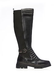 Moda In Pelle Long Quilt Front Black Boots With Buckle - Image 1 of 4