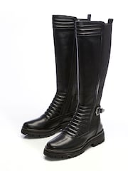 Moda In Pelle Long Quilt Front Black Boots With Buckle - Image 2 of 4