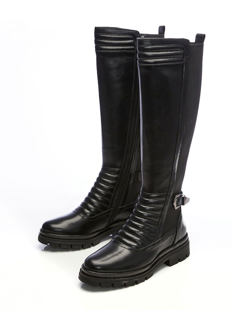 Moda In Pelle Long Quilt Front Black Boots With Buckle - Image 2 of 4