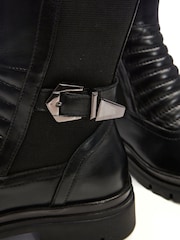 Moda In Pelle Long Quilt Front Black Boots With Buckle - Image 4 of 4