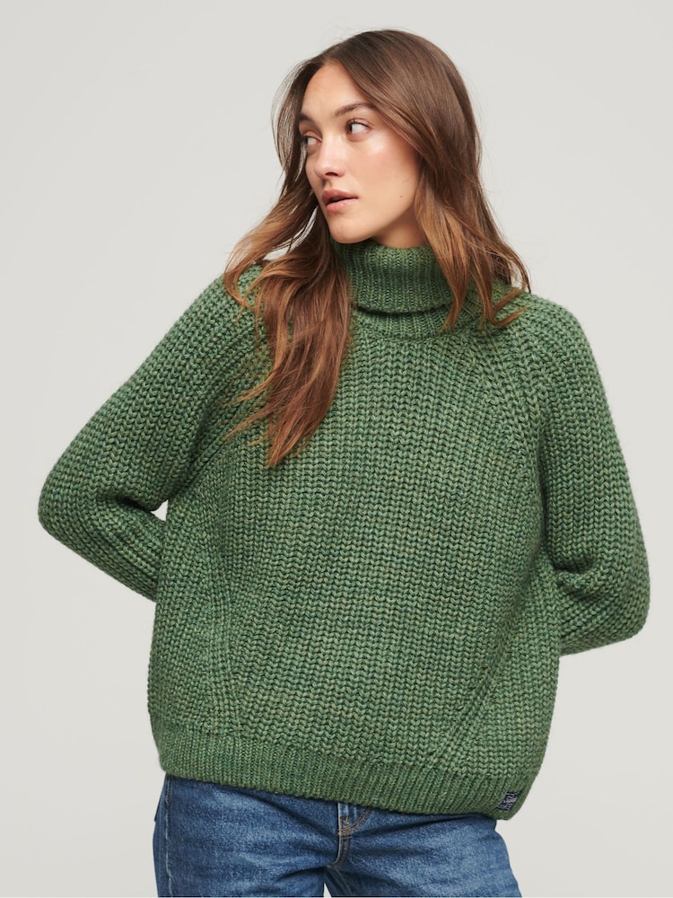 Superdry Green Slouchy Stitch Roll Neck Knit Jumper - Image 1 of 4