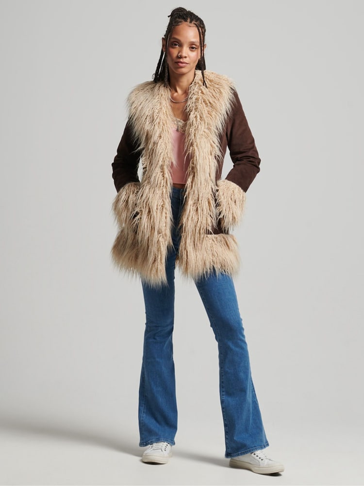 Superdry Light Brown Faux Fur Lined Afghan Coat - Image 2 of 6