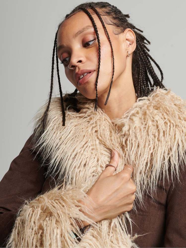 Superdry Light Brown Faux Fur Lined Afghan Coat - Image 3 of 6