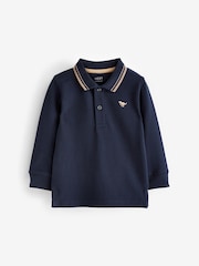 Navy Blue Tipped 100% Cotton Long Sleeve Polo Shirt (3mths-7yrs) - Image 1 of 2