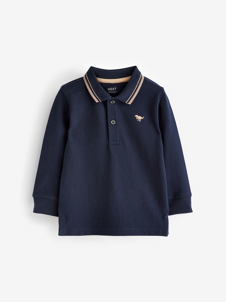 Navy Blue Tipped 100% Cotton Long Sleeve Polo Shirt (3mths-7yrs) - Image 1 of 2