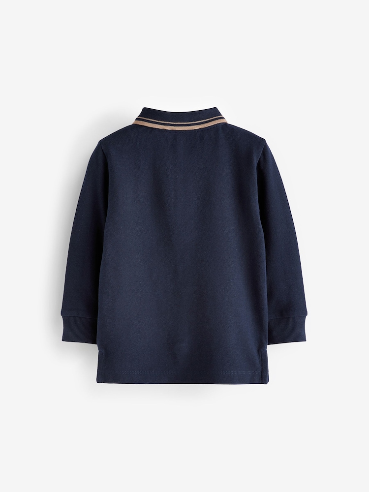 Navy Blue Tipped 100% Cotton Long Sleeve Polo Shirt (3mths-7yrs) - Image 2 of 2 Navy Blue Tipped 100% Cotton Long Sleeve Polo Shirt (3mths-7yrs) - Image 2 of 2