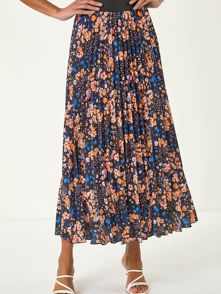 Roman Blue Ditsy Floral Print Pleated Stretch Skirt - Image 1 of 5