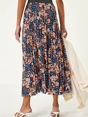 Roman Blue Ditsy Floral Print Pleated Stretch Skirt - Image 4 of 5