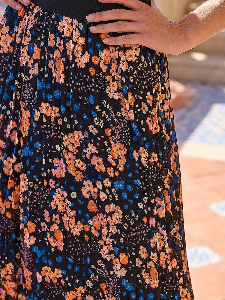 Roman Blue Ditsy Floral Print Pleated Stretch Skirt - Image 4 of 4 Roman Blue Ditsy Floral Print Pleated Stretch Skirt - Image 4 of 4