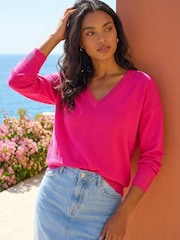 Roman Pink Plain V-Neck Stretch Longline Jumper - Image 1 of 4