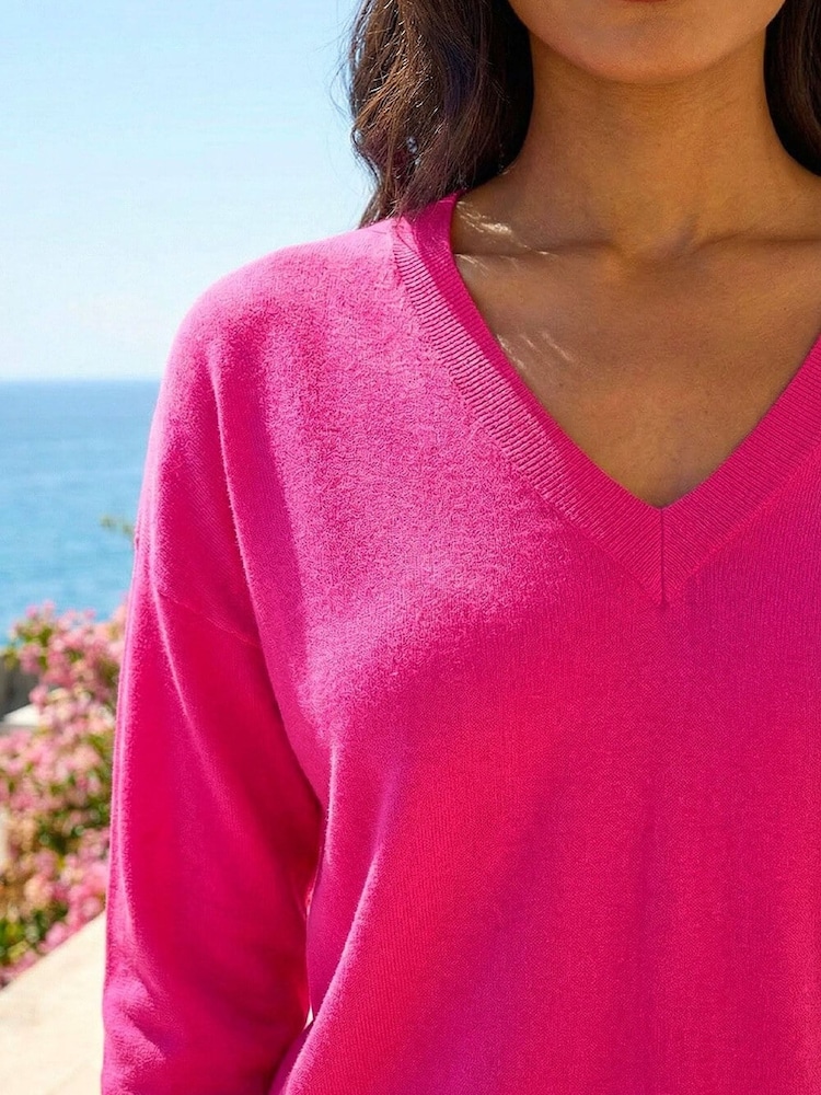Roman Pink Plain V-Neck Stretch Longline Jumper - Image 4 of 4