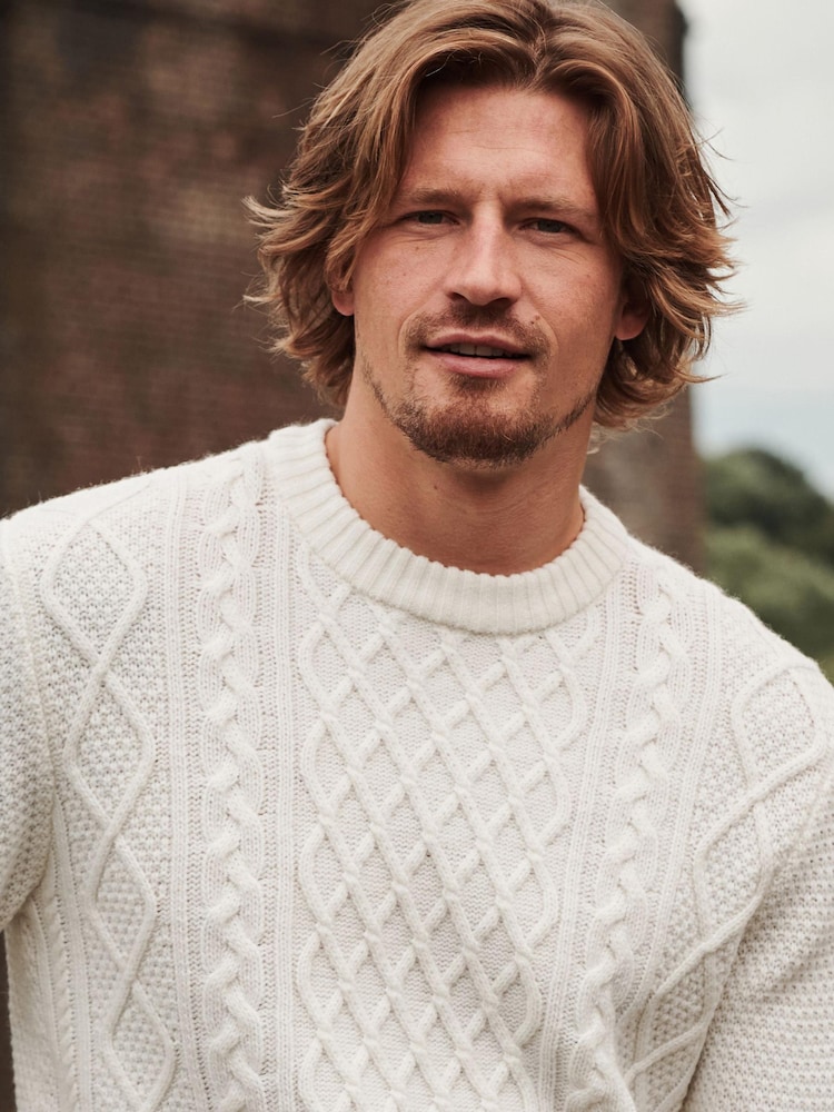 Ecru White Regular Aran Knit Cable Sweatshirt - Image 1 of 9