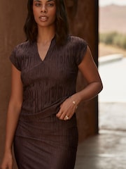 Brown Rochelle Humes Co-Ord Plisse V-Neck Top - Image 1 of 5