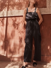 Charcoal Grey Cargo Sleeveless Drawstring Waist Jumpsuit - Image 1 of 5