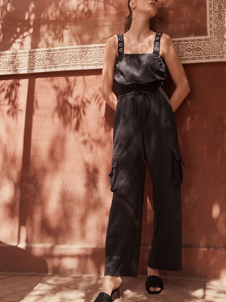 Charcoal Grey Cargo Sleeveless Drawstring Waist Jumpsuit - Image 1 of 5