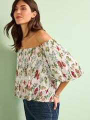Ecru Floral Off Shoulder Bardot Plisse Top - Image 1 of 5