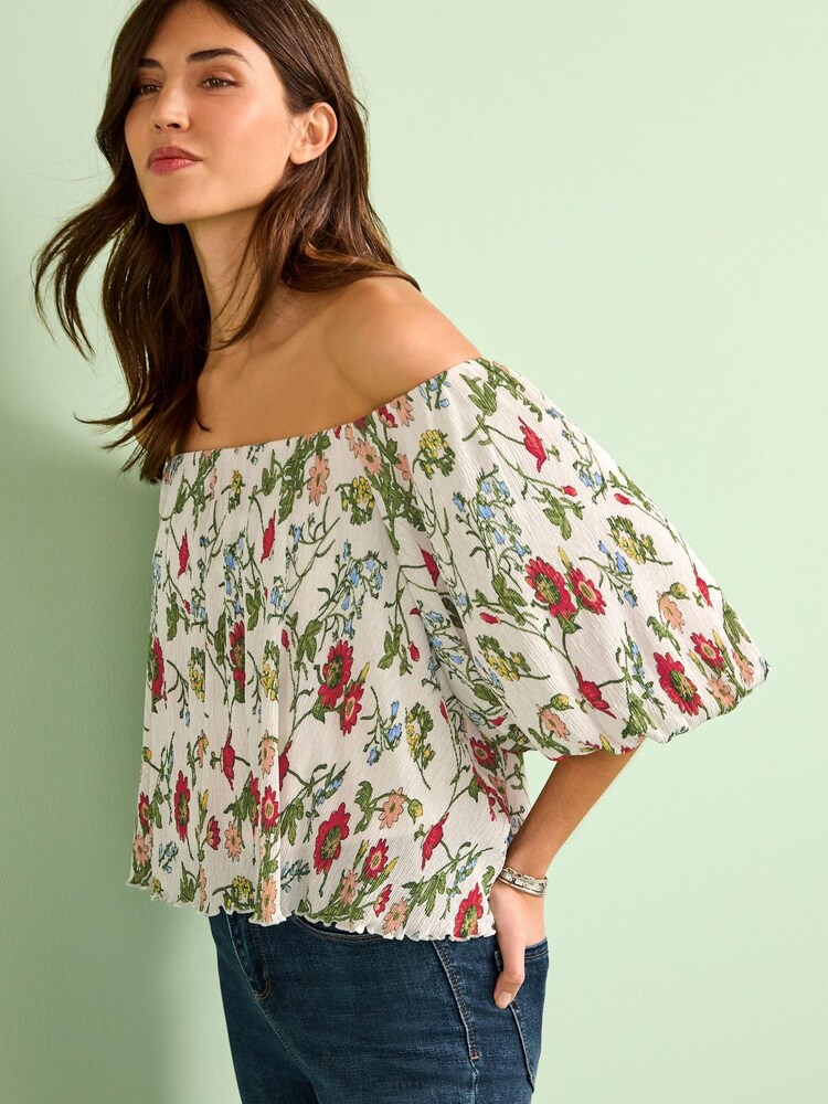 Ecru Floral Off Shoulder Bardot Plisse Top - Image 1 of 5