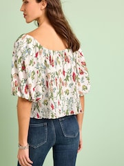 Ecru Floral Off Shoulder Bardot Plisse Top - Image 3 of 5