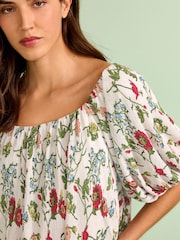 Ecru Floral Off Shoulder Bardot Plisse Top - Image 4 of 5