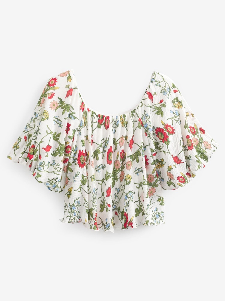 Ecru Floral Off Shoulder Bardot Plisse Top - Image 5 of 5