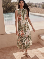 Green Botanical High Neck Sleeveless Zip Midi Dress - Image 1 of 5