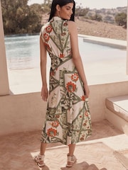 Green Botanical High Neck Sleeveless Zip Midi Dress - Image 3 of 5