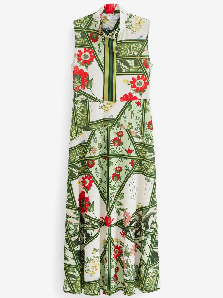 Green Botanical High Neck Sleeveless Zip Midi Dress - Image 5 of 5