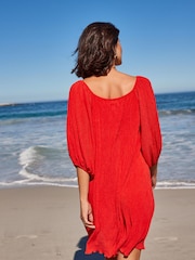 Rot - Plissiertes Minikleid mit kurzen Puffärmeln - Bild 3 von 6