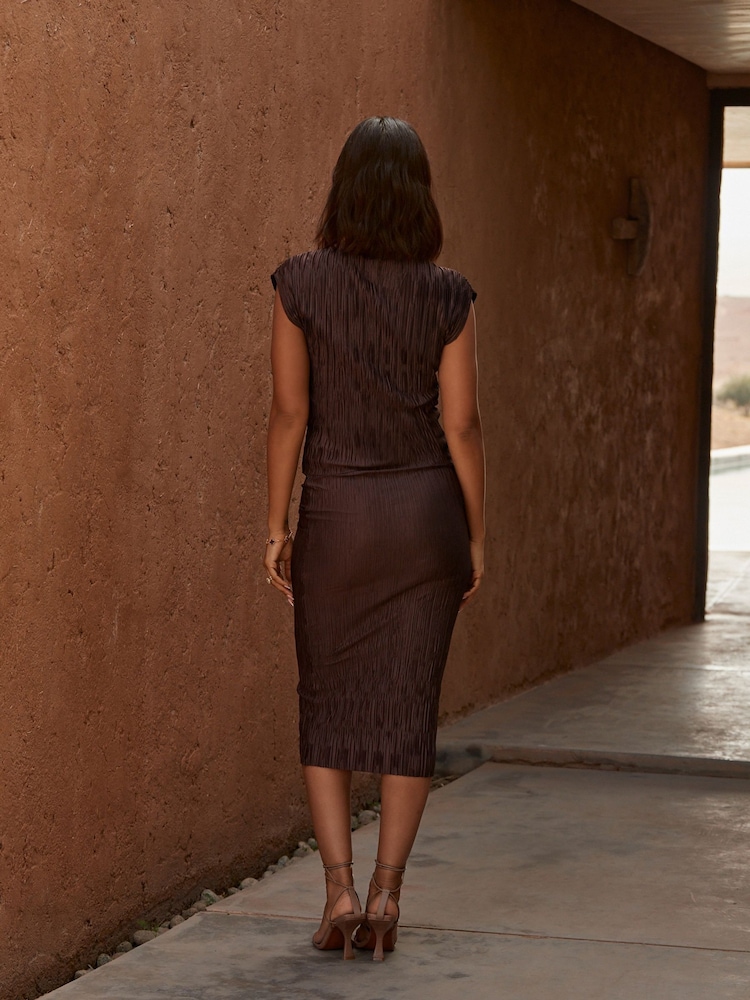 Brown Rochelle Humes Co-Ord Plisse Fitted Midi Skirt - Image 2 of 5 Brown Rochelle Humes Co-Ord Plisse Fitted Midi Skirt - Image 2 of 5