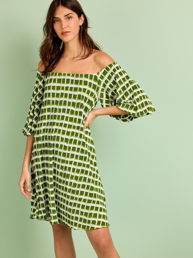 Grün/Ecru Creme kariert - Plissiertes Minikleid mit kurzen Puffärmeln - Bild 1 von 6
