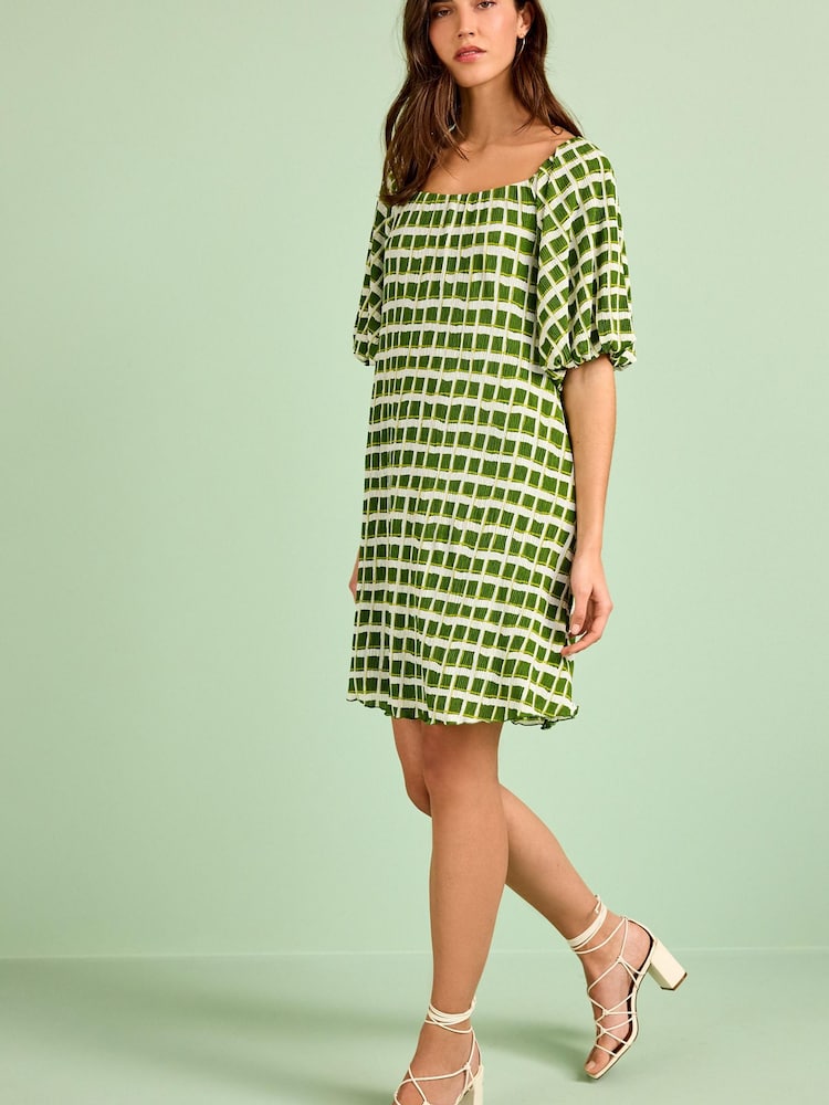 Grün/Ecru Creme kariert - Plissiertes Minikleid mit kurzen Puffärmeln - Bild 2 von 6