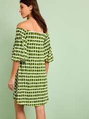 Grün/Ecru Creme kariert - Plissiertes Minikleid mit kurzen Puffärmeln - Bild 3 von 6
