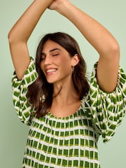 Grün/Ecru Creme kariert - Plissiertes Minikleid mit kurzen Puffärmeln - Bild 4 von 6