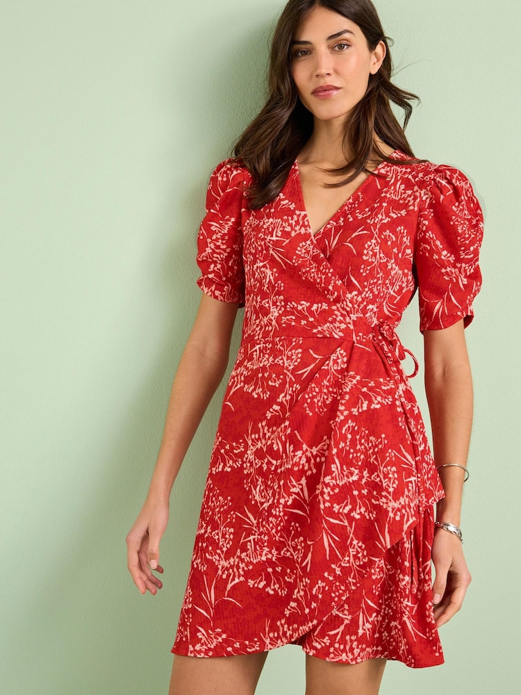 Red Sprig Floral Short Sleeve V-Neck Wrap Mini Dress - Image 1 of 4 Red Sprig Floral Short Sleeve V-Neck Wrap Mini Dress - Image 1 of 4