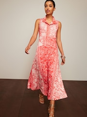 Red Botanical High Neck Sleeveless Zip Midi Dress - Image 1 of 4