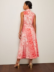 Red Botanical High Neck Sleeveless Zip Midi Dress - Image 2 of 4