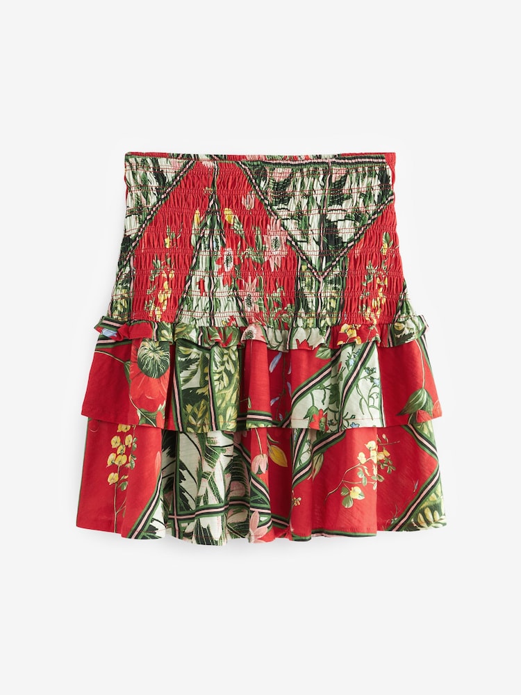 Red/Green Botantical Shirred Layered Mini Skirt - Image 5 of 5