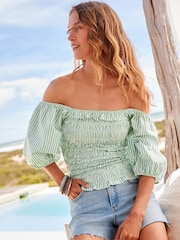 Sage Green Stripe 100% Cotton Puff Sleeve Square Neck Off Shoulder Summer Top - Image 1 of 6