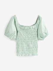 Sage Green Stripe 100% Cotton Puff Sleeve Square Neck Off Shoulder Summer Top - Image 5 of 6
