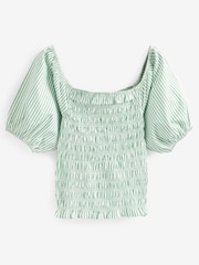 Sage Green Stripe 100% Cotton Puff Sleeve Square Neck Off Shoulder Summer Top - Image 6 of 6