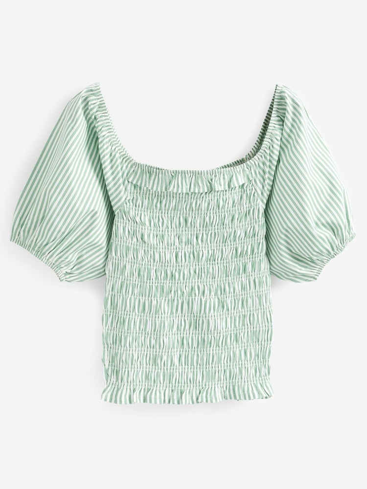 Sage Green Stripe 100% Cotton Puff Sleeve Square Neck Off Shoulder Summer Top - Image 6 of 6