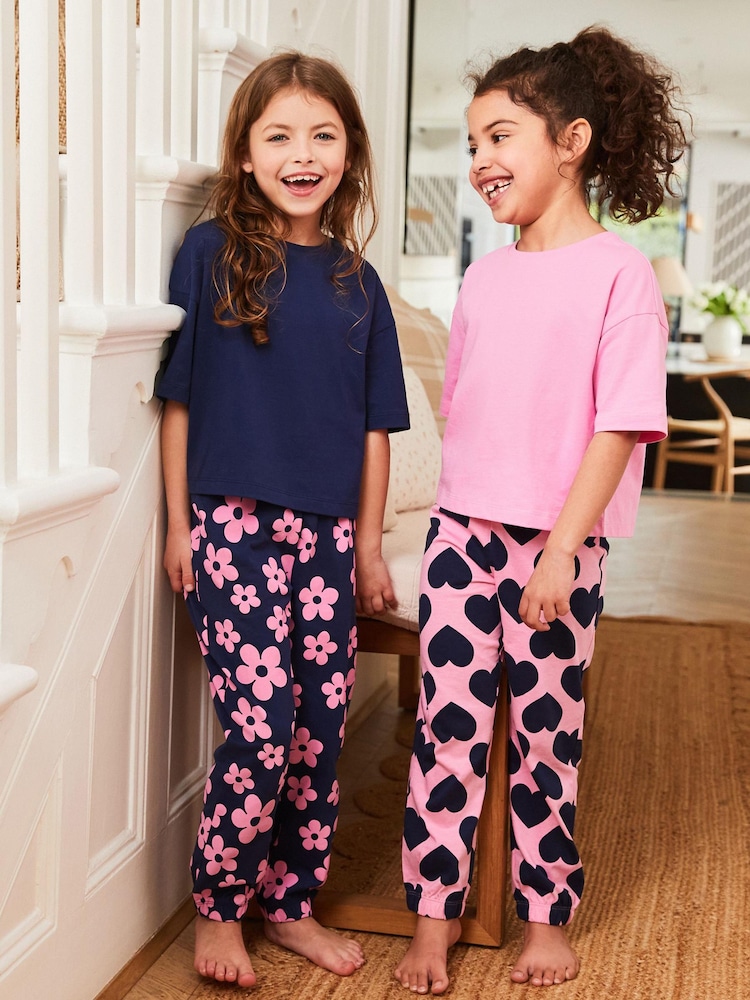 Navy/Pink Daisy Heart Pyjamas 2 Packs (3-16yrs) - Image 1 of 10