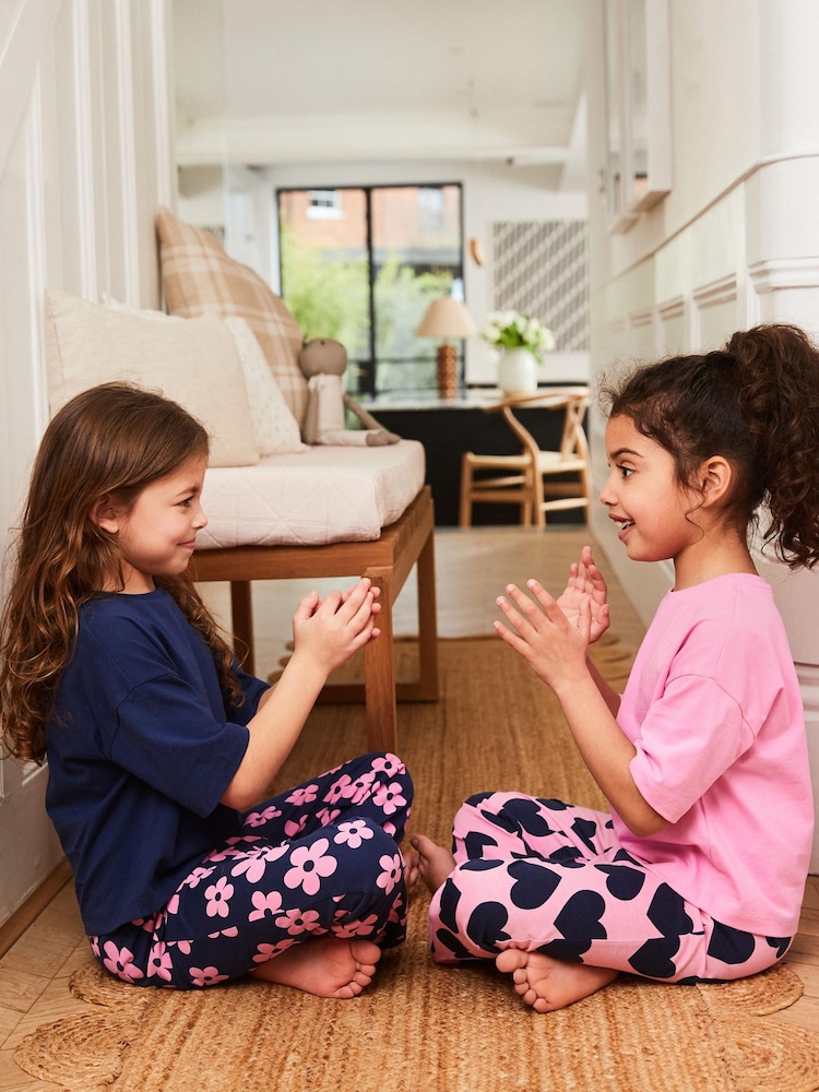 Navy/Pink Daisy Heart Pyjamas 2 Packs (3-16yrs) - Image 2 of 10