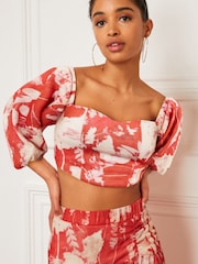 Red Floral Occasion Sweetheart Puff Sleeve Top - Image 1 of 6