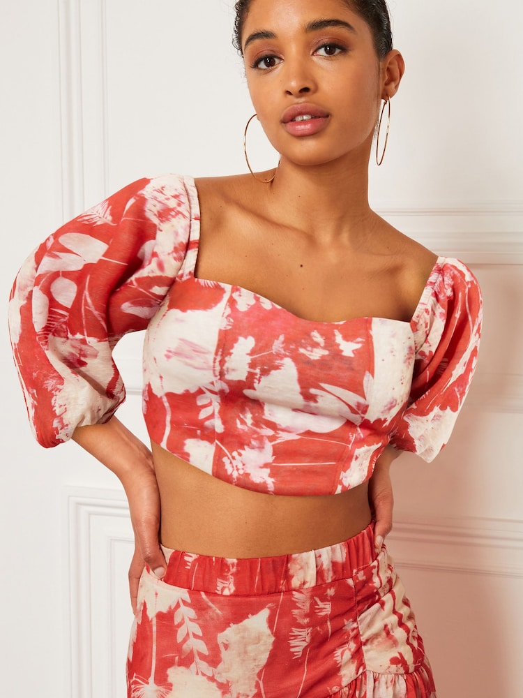 Red Floral Occasion Sweetheart Puff Sleeve Top - Image 1 of 6