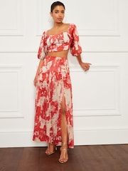 Red Floral Occasion Sweetheart Puff Sleeve Top - Image 2 of 6
