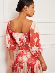 Red Floral Occasion Sweetheart Puff Sleeve Top - Image 3 of 6