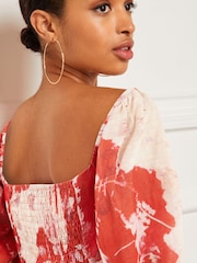 Red Floral Occasion Sweetheart Puff Sleeve Top - Image 4 of 6
